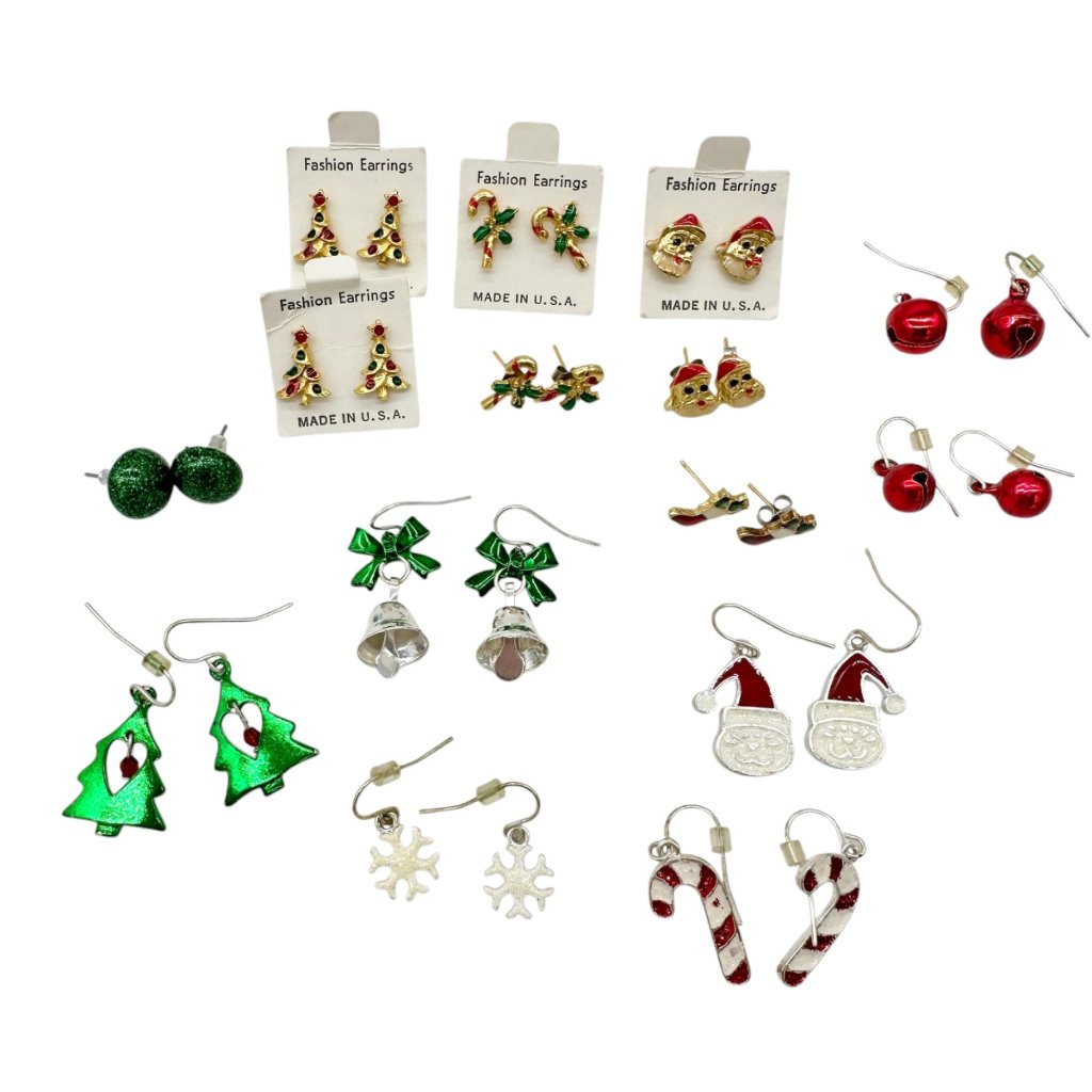 14-Pair Christmas Earring Set Holiday Designs Trees Bells Santas Candy Canes 38$